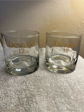 Set of 2 Vintage Dewar's 12 Finest Scotch Whisky Rocks Glasses - Gold Logo